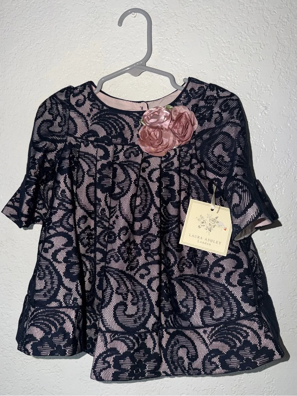 Laura Ashley Pink & Black Lace Overlay Girls Dress Top with Rosette